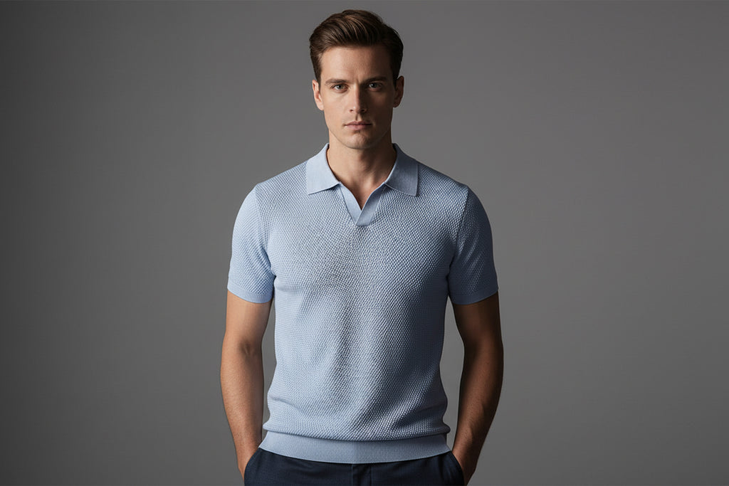 Slim Fit Polo Shirt - Pleated Texture V-Neck