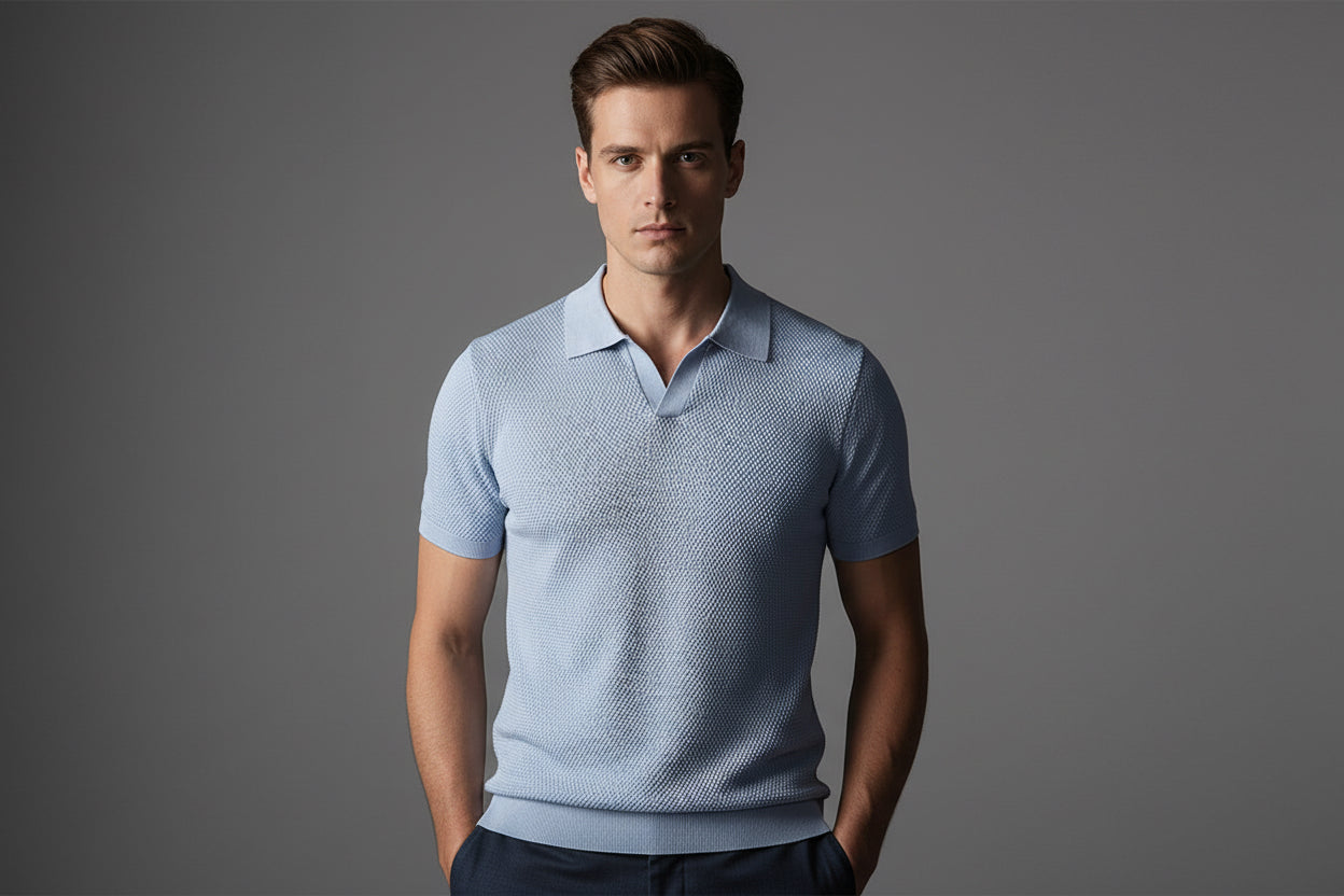 Slim Fit Polo Shirt - Pleated Texture V-Neck