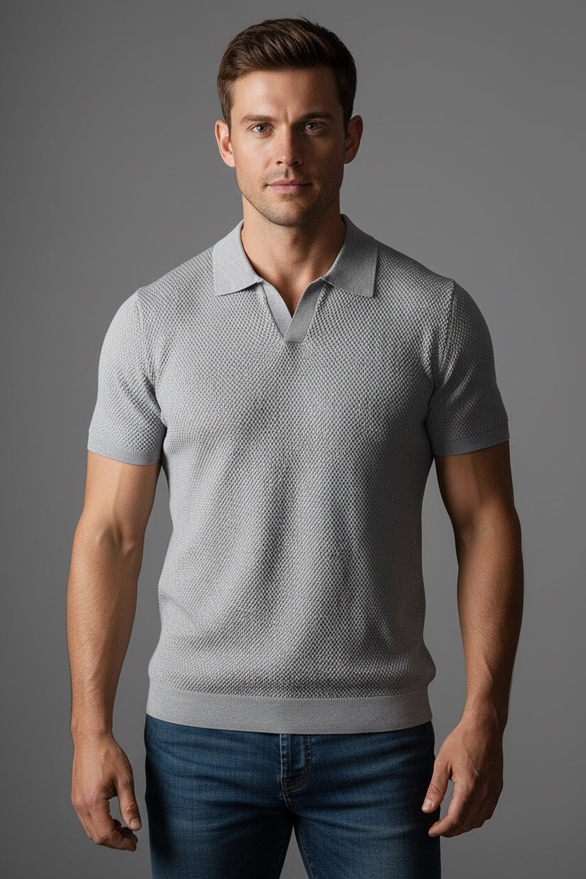 Slim Fit Polo Shirt - Pleated Texture V-Neck