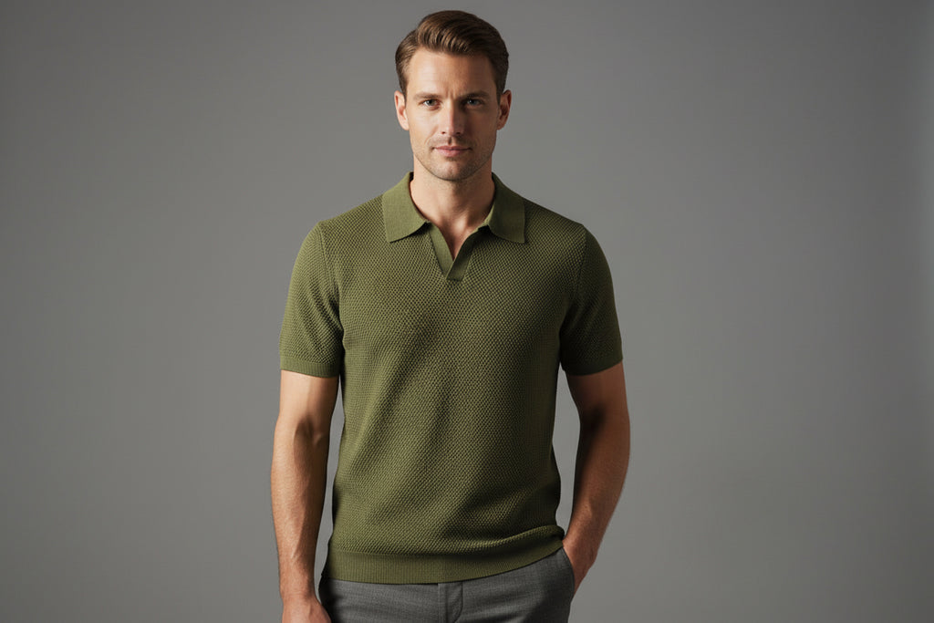 Slim Fit Polo Shirt - Pleated Texture V-Neck