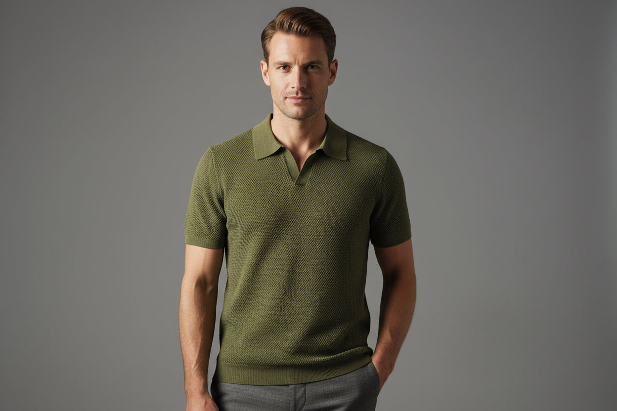 Slim Fit Polo Shirt - Pleated Texture V-Neck