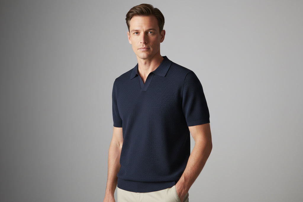 Slim Fit Polo Shirt - Pleated Texture V-Neck