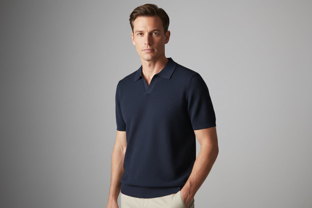 Slim Fit Polo Shirt - Pleated Texture V-Neck